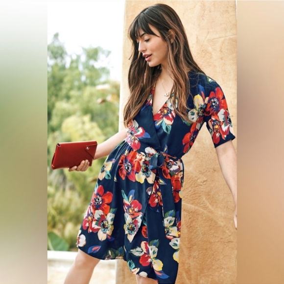 Evelyn Dress for Anthropologie Dark Blue Floral Wrap Style Size XS - Picture 2 of 11